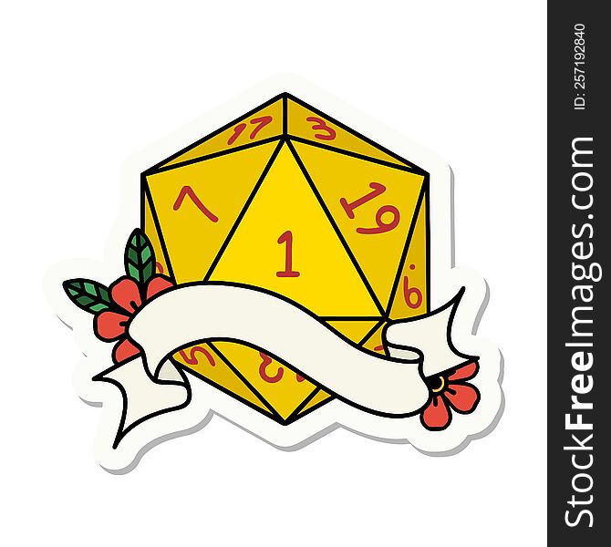 sticker of a natural one d20 dice roll. sticker of a natural one d20 dice roll