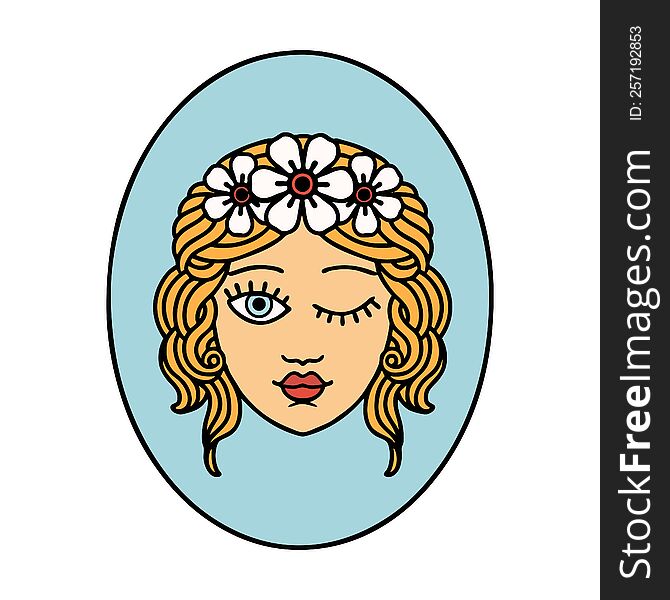 tattoo in traditional style of a maiden with crown of flowers winking. tattoo in traditional style of a maiden with crown of flowers winking