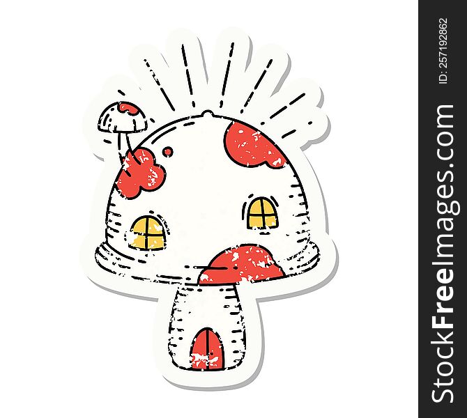 worn old sticker of a tattoo style toadstool house. worn old sticker of a tattoo style toadstool house