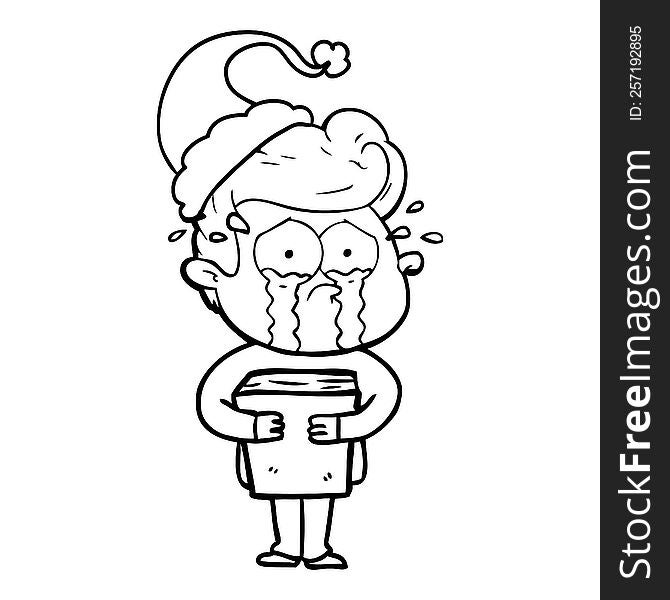 Line Drawing Of A Crying Man Holding Book Wearing Santa Hat