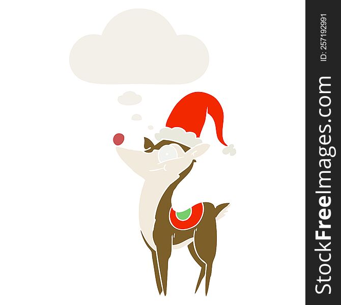 cartoon christmas reindeer with thought bubble in retro style