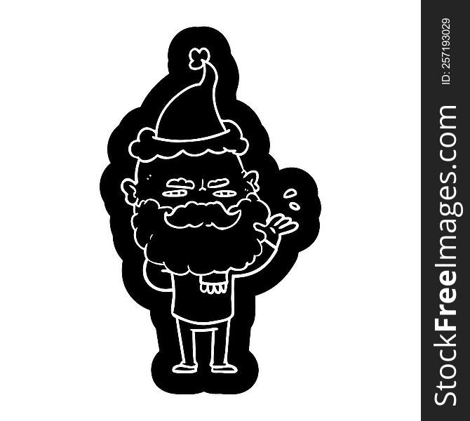 quirky cartoon icon of a dismissive man with beard frowning wearing santa hat