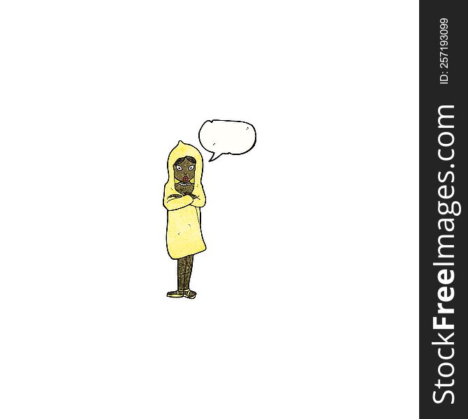 cartoon woman in raincoat with speech bubble