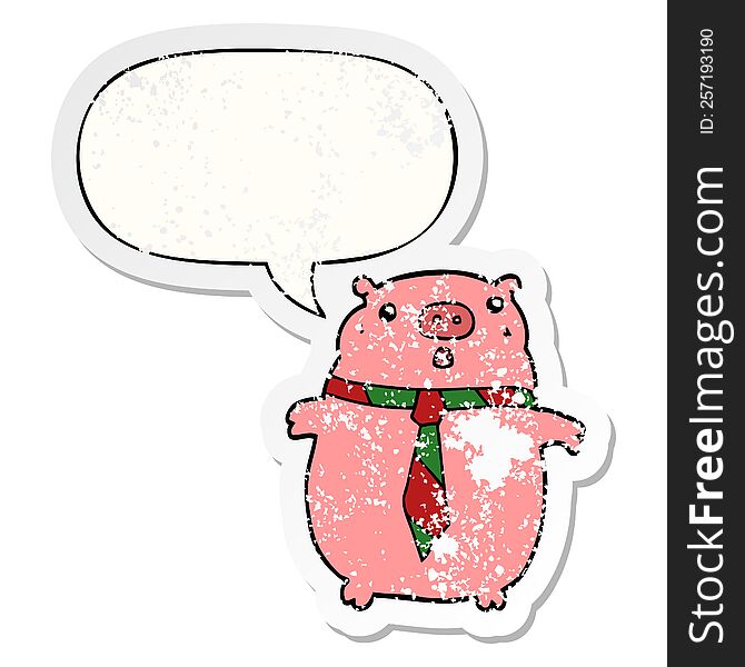 Cartoon Pig Wearing Office Tie And Speech Bubble Distressed Sticker