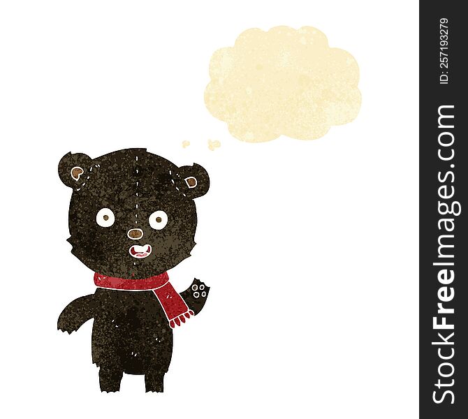 Cartoon Waving Black Bear Cub With Scarf With Thought Bubble