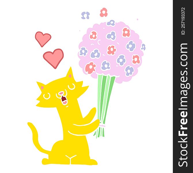 flat color style cartoon cat in love with flowers