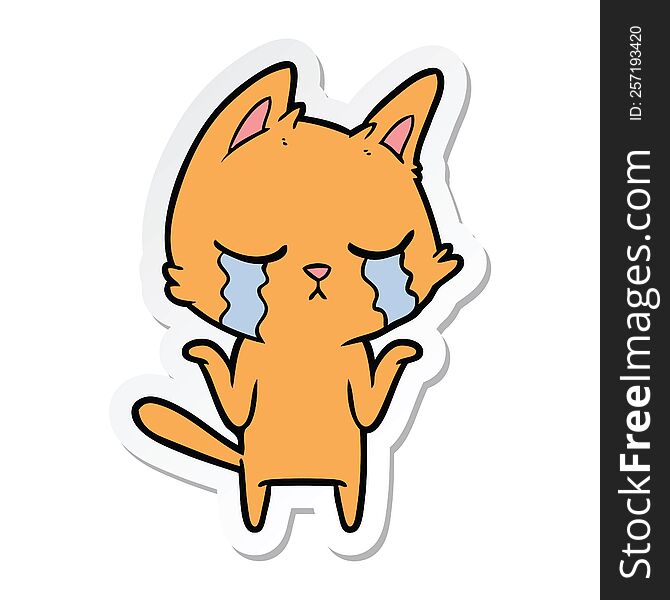 Sticker Of A Crying Cartoon Cat Shrugging