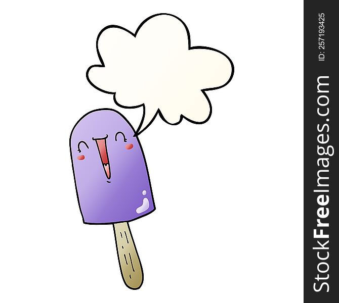 Cartoon Happy Ice Lolly And Speech Bubble In Smooth Gradient Style