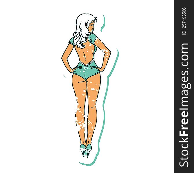 Distressed Sticker Tattoo Style Icon Of A Pinup Swimsuit Girl