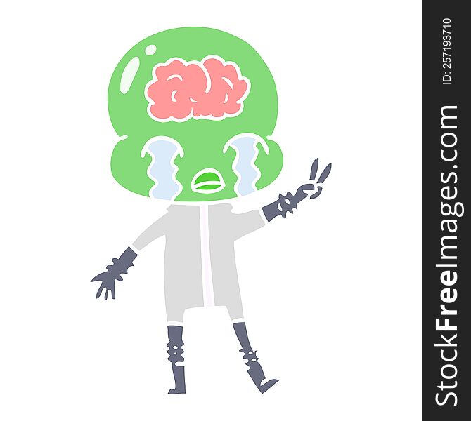 Flat Color Style Cartoon Big Brain Alien Crying And Giving Peace Sign