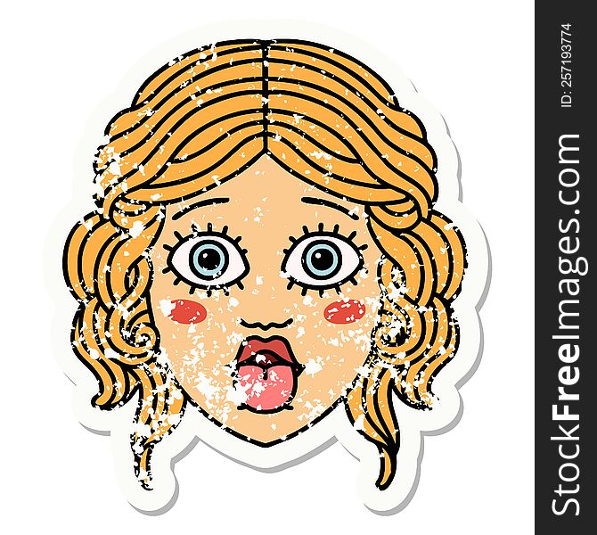 Traditional Distressed Sticker Tattoo Of Female Face Sticking Out Tongue