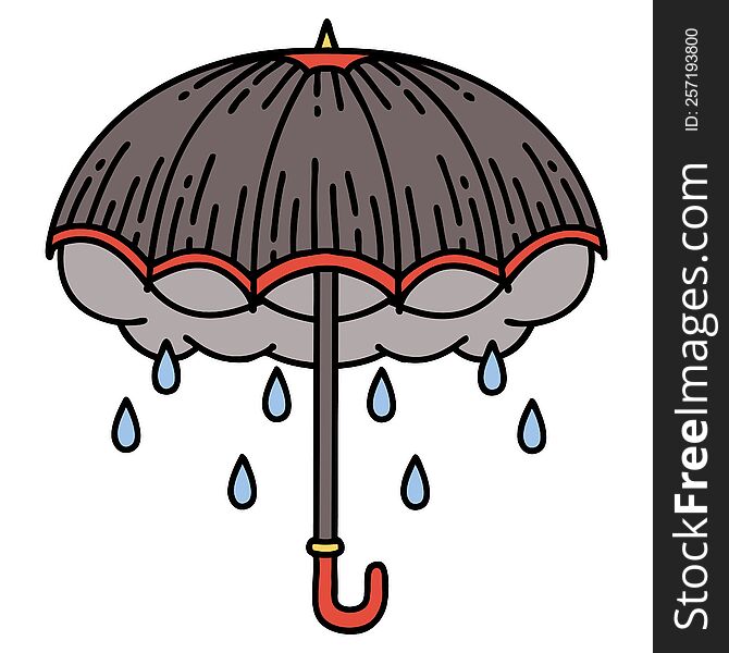 tattoo in traditional style of an umbrella and storm cloud. tattoo in traditional style of an umbrella and storm cloud