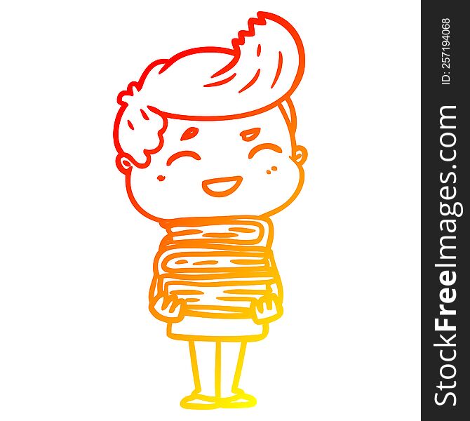 warm gradient line drawing of a cartoon man laughing holding books