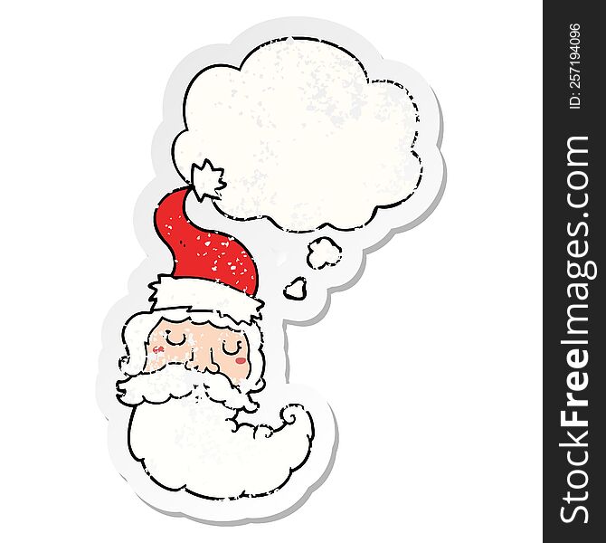 Cartoon Santa Face And Thought Bubble As A Distressed Worn Sticker