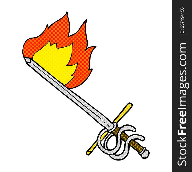 freehand drawn comic book style cartoon flaming sword