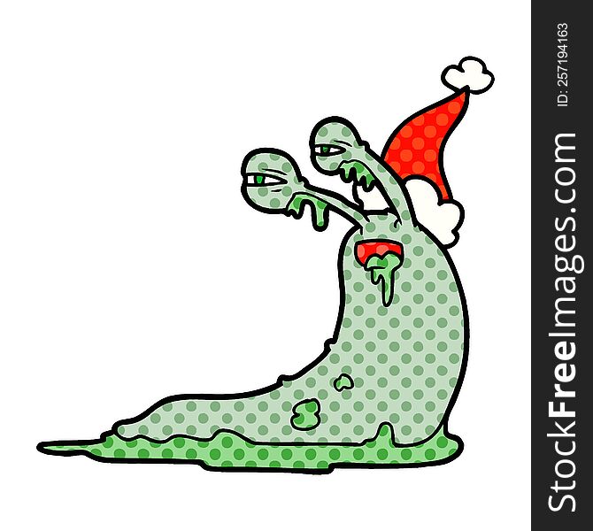Gross Comic Book Style Illustration Of A Slug Wearing Santa Hat