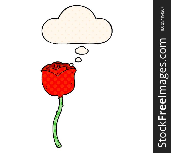 cartoon rose with thought bubble in comic book style