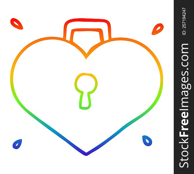 rainbow gradient line drawing of a cartoon love heart with lock