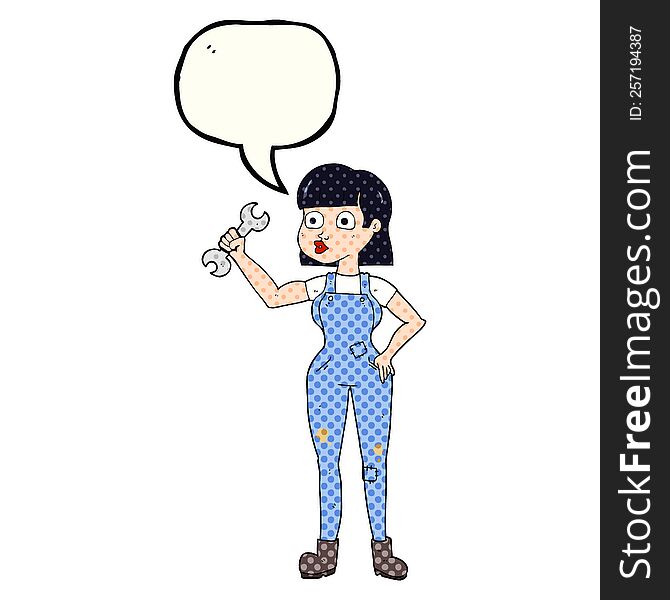 freehand drawn comic book speech bubble cartoon mechanic woman