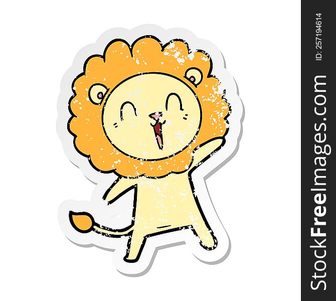 Distressed Sticker Of A Laughing Lion Cartoon