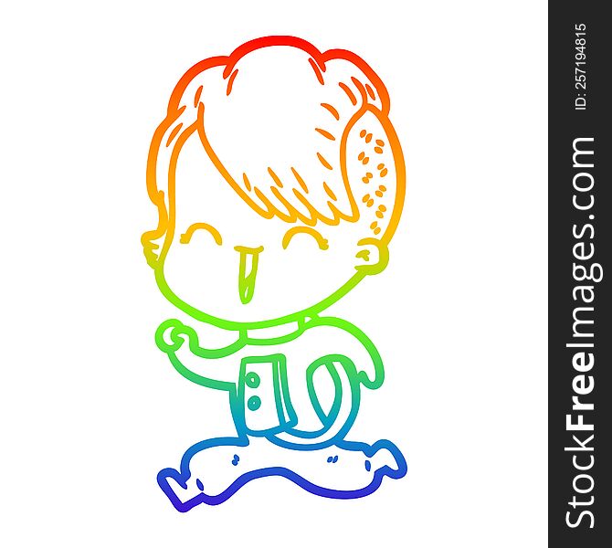rainbow gradient line drawing of a cartoon happy hipster girl wearing space suit