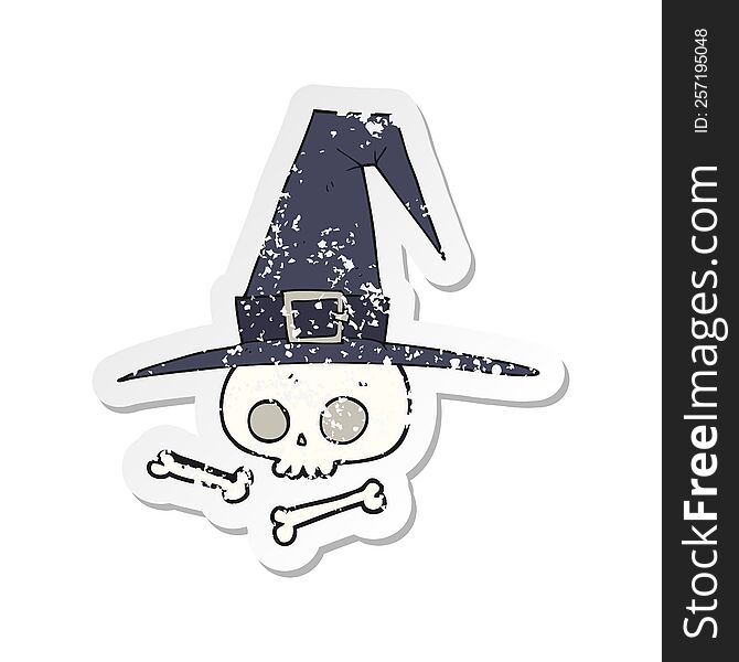 retro distressed sticker of a cartoon witch hat with skull
