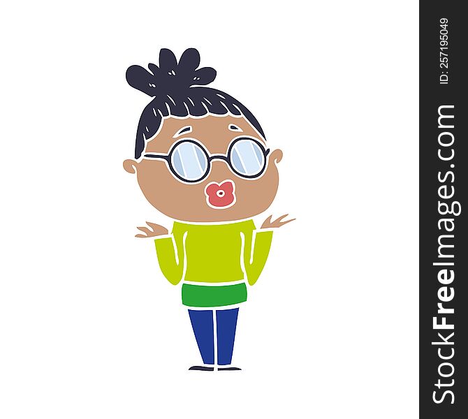 Flat Color Style Cartoon Confused Woman Wearing Spectacles