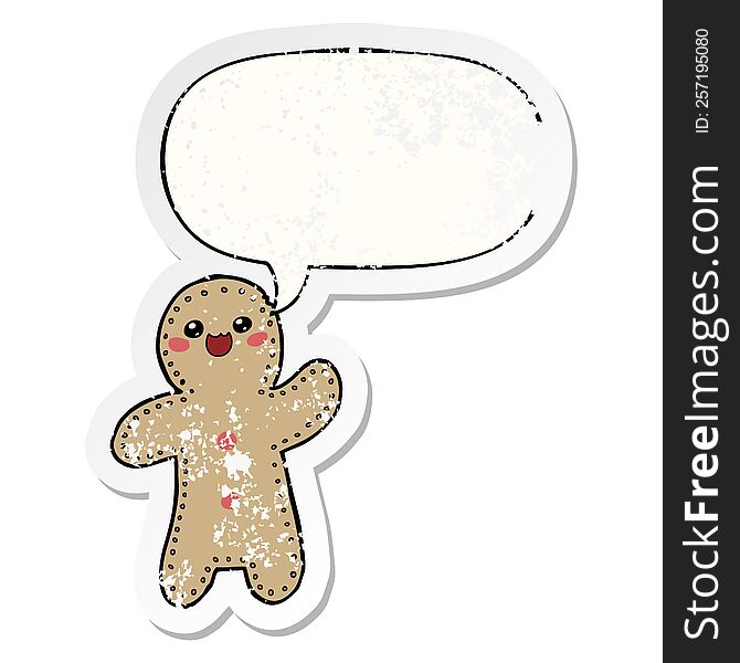 cartoon gingerbread man with speech bubble distressed distressed old sticker. cartoon gingerbread man with speech bubble distressed distressed old sticker