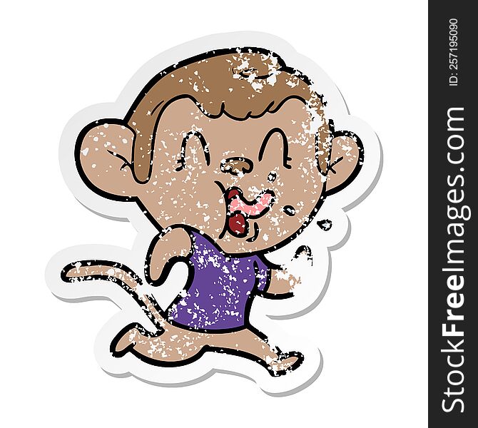 Distressed Sticker Of A Crazy Cartoon Monkey Running