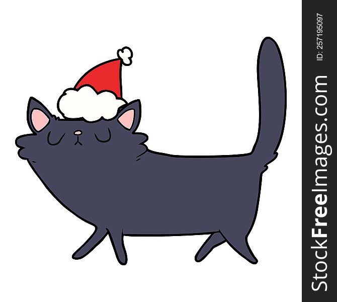 Line Drawing Of A Black Cat Wearing Santa Hat