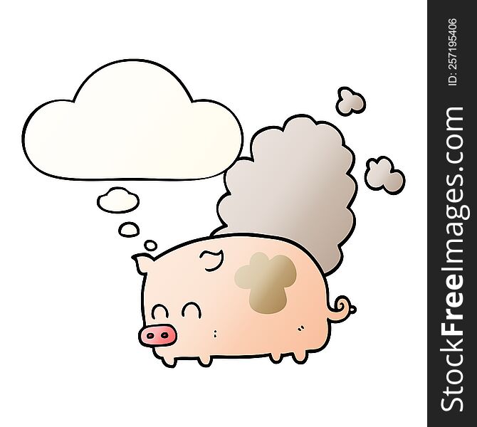 cartoon smelly pig with thought bubble in smooth gradient style