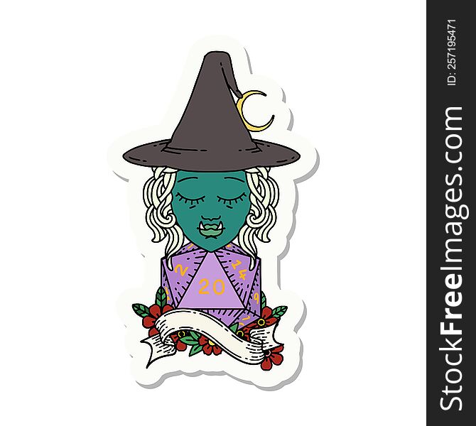 sticker of a half orc mage with natural 20 dice roll. sticker of a half orc mage with natural 20 dice roll