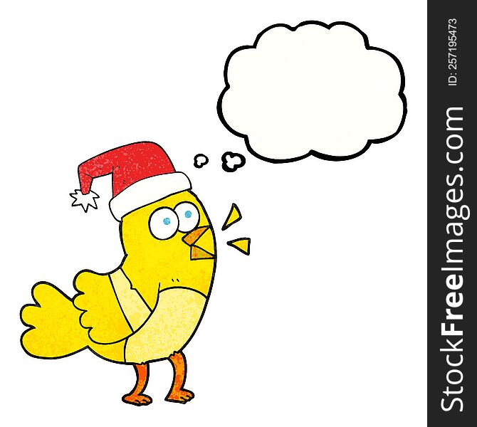 Thought Bubble Textured Cartoon Bird Wearing Christmas Hat