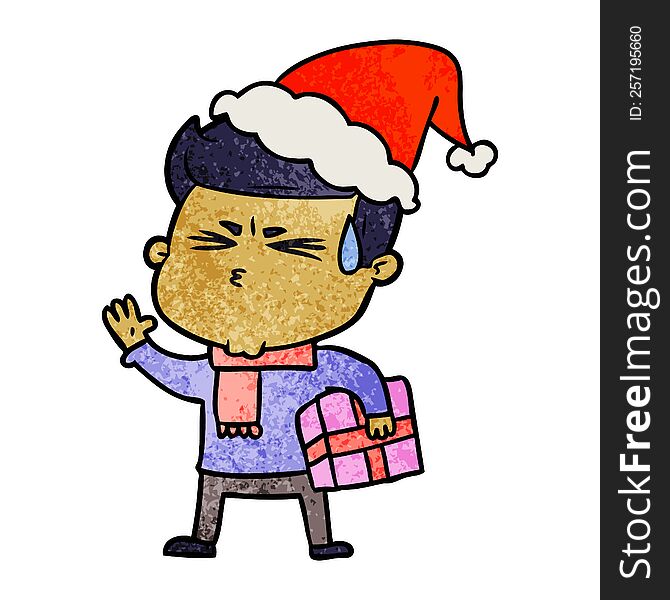 Textured Cartoon Of A Man Sweating Wearing Santa Hat