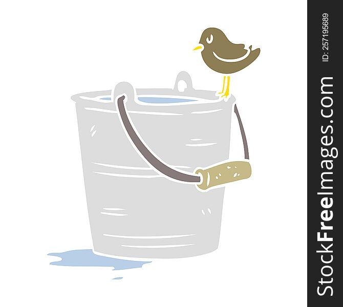 Flat Color Style Cartoon Bird Looking Into Bucket Of Water