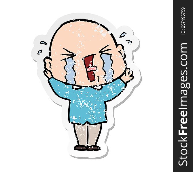 Distressed Sticker Of A Cartoon Crying Bald Man