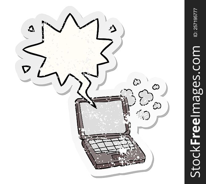 cartoon laptop computer with speech bubble distressed distressed old sticker. cartoon laptop computer with speech bubble distressed distressed old sticker
