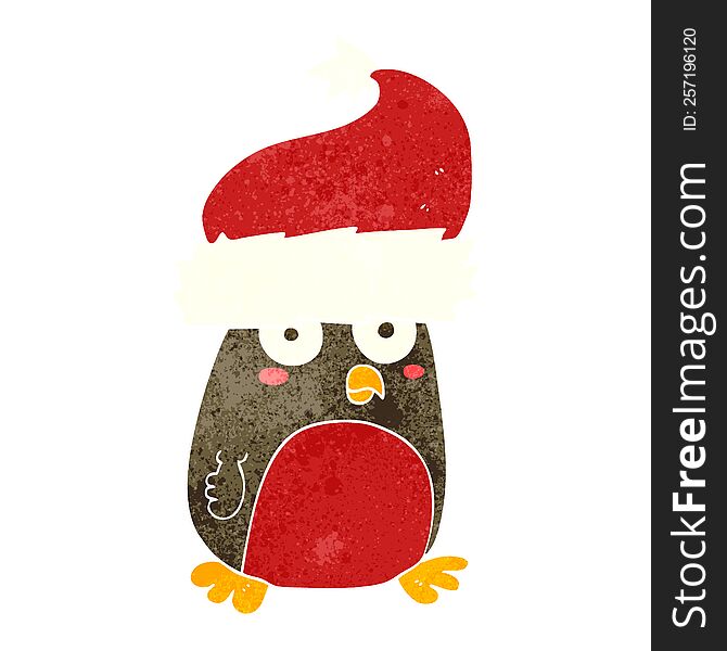Retro Cartoon Christmas Robin Wearing Santa Hat