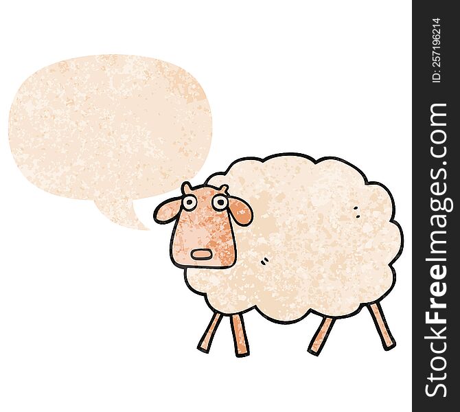 cartoon sheep and speech bubble in retro textured style