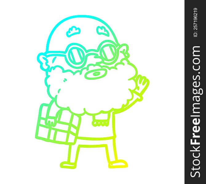 cold gradient line drawing of a cartoon curious man with beard sunglasses and present