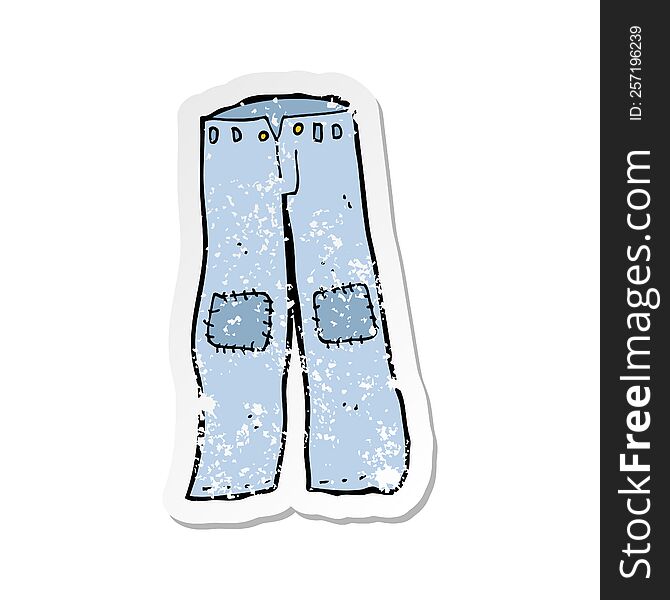 retro distressed sticker of a cartoon patched old jeans