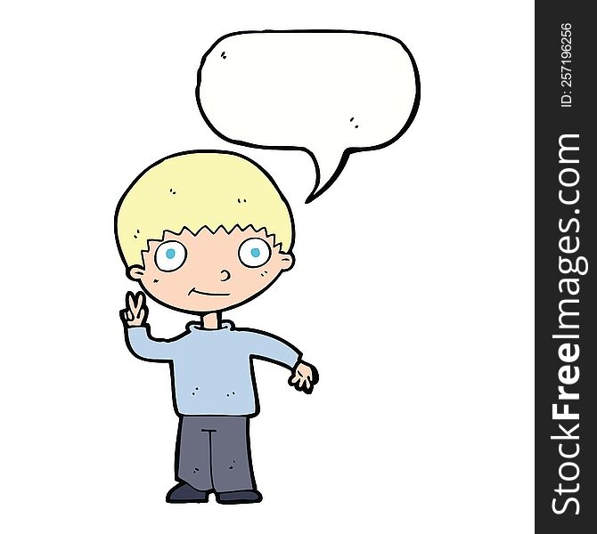 cartoon boy giving peace sign with speech bubble