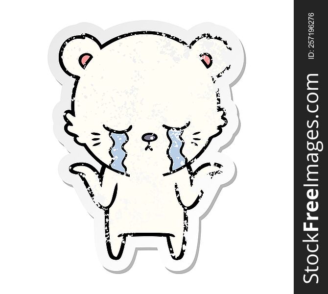 Distressed Sticker Of A Crying Cartoon Polar Bear Shrugging Shoulders