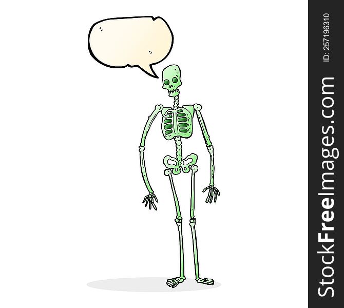 cartoon spooky skeleton with speech bubble