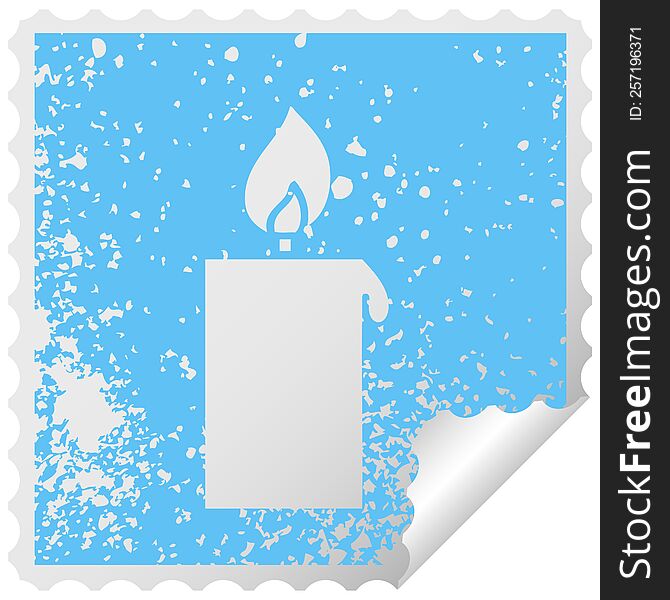 distressed square peeling sticker symbol of a lit candle