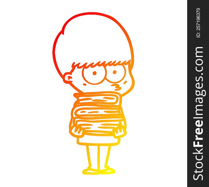 warm gradient line drawing of a nervous cartoon boy carrying books