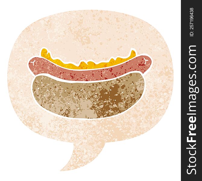 Cartoon Hotdog And Speech Bubble In Retro Textured Style