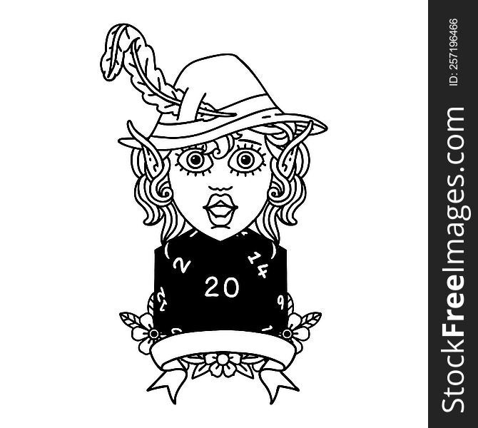 Black and White Tattoo linework Style elf bard with natural twenty dice roll. Black and White Tattoo linework Style elf bard with natural twenty dice roll