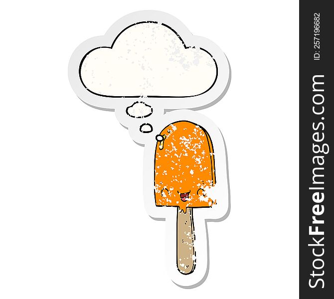 cartoon ice lolly with thought bubble as a distressed worn sticker