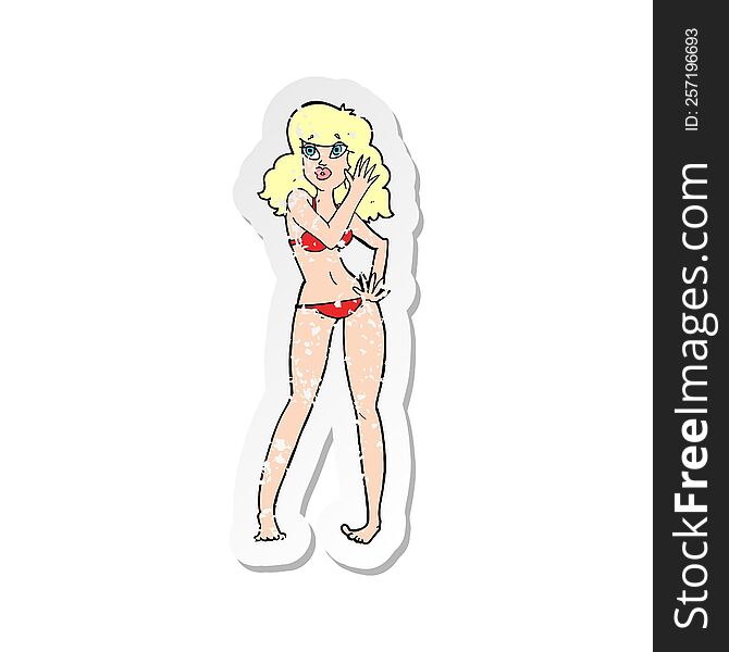 retro distressed sticker of a cartoon pretty woman in bikini